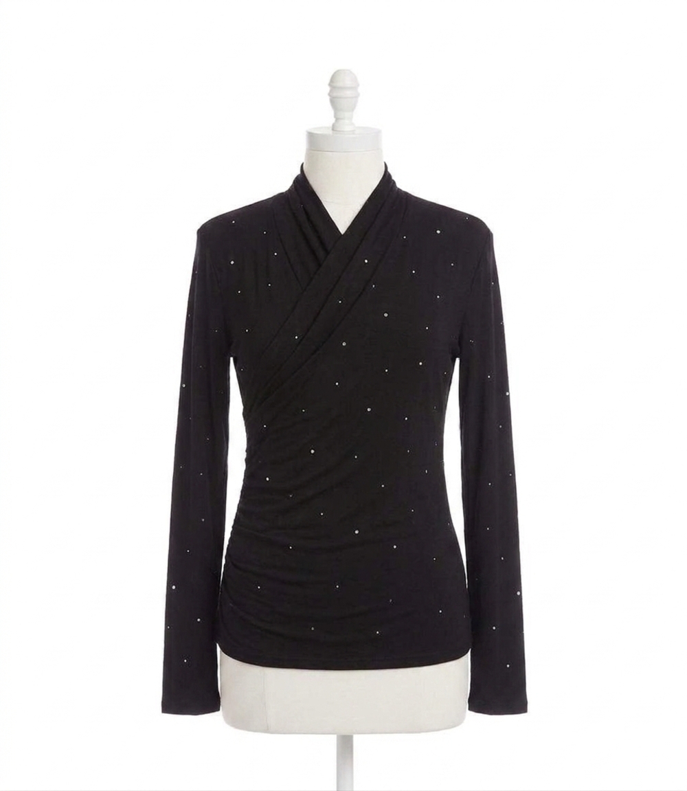 NEW KAREN KANE lyra long sleeve embellished drape front crossover top in black